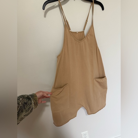 Pants - Tan Sleeveless Oversized Jumpsuit with Pockets